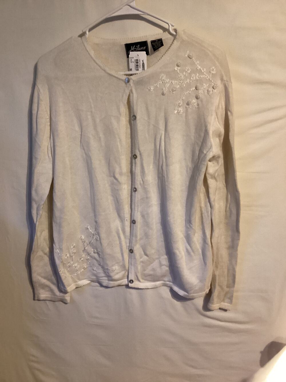 2184 Womens Milano Button Down Cardigan Sweater w/ Embroidery Ivory Size Medium